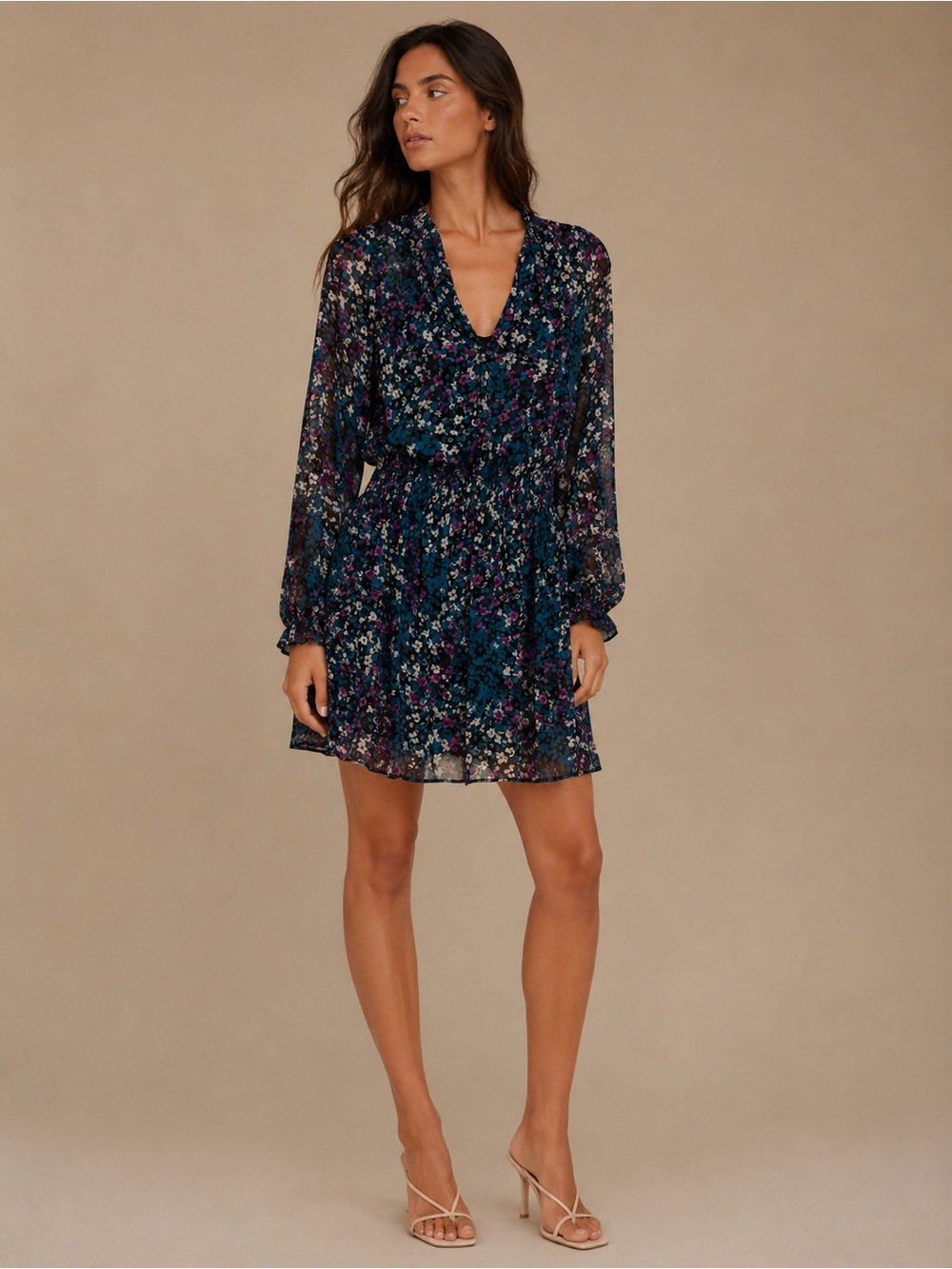 Socialite Navy Floral V-Neck Long Sleeve Mini Dress Size Small
